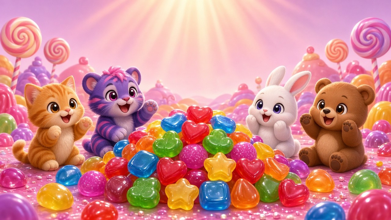 Cute animal friends gathered around a sparkling pile of candies in a candy-land scene