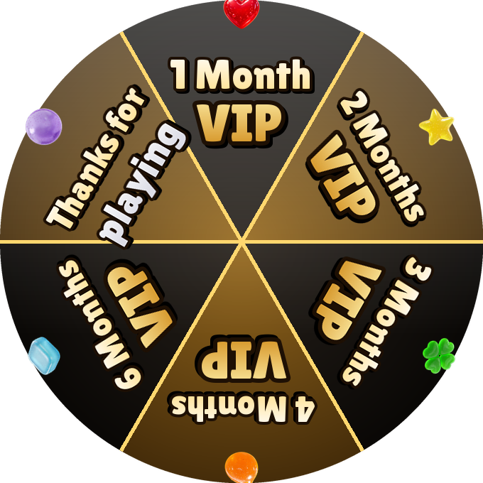 Wheel prizes: 1 Month VIP, 2 Months VIP, 3 Months VIP, 4 Months VIP, 6 Months VIP, Thanks for playing